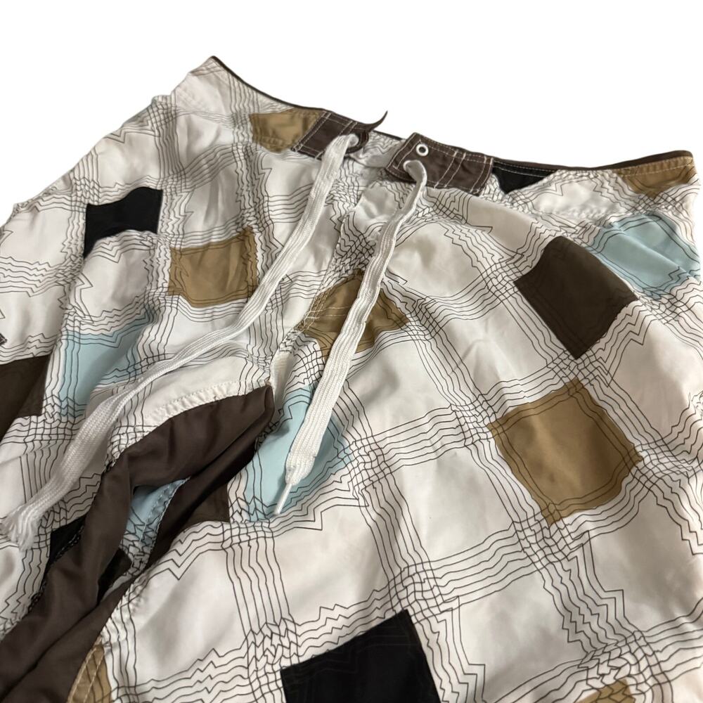 Chalc Mens Geometric Plaid Board Shorts Size 38 Brown Blue Tan Y2K Swim Trunks